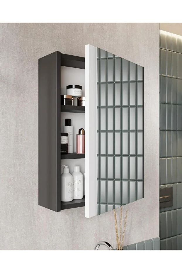 Kemer 50 Cm, Lavabolu, Aynalı, Banyo Dolabı, Mat Antrasit, Lavabo Dahil